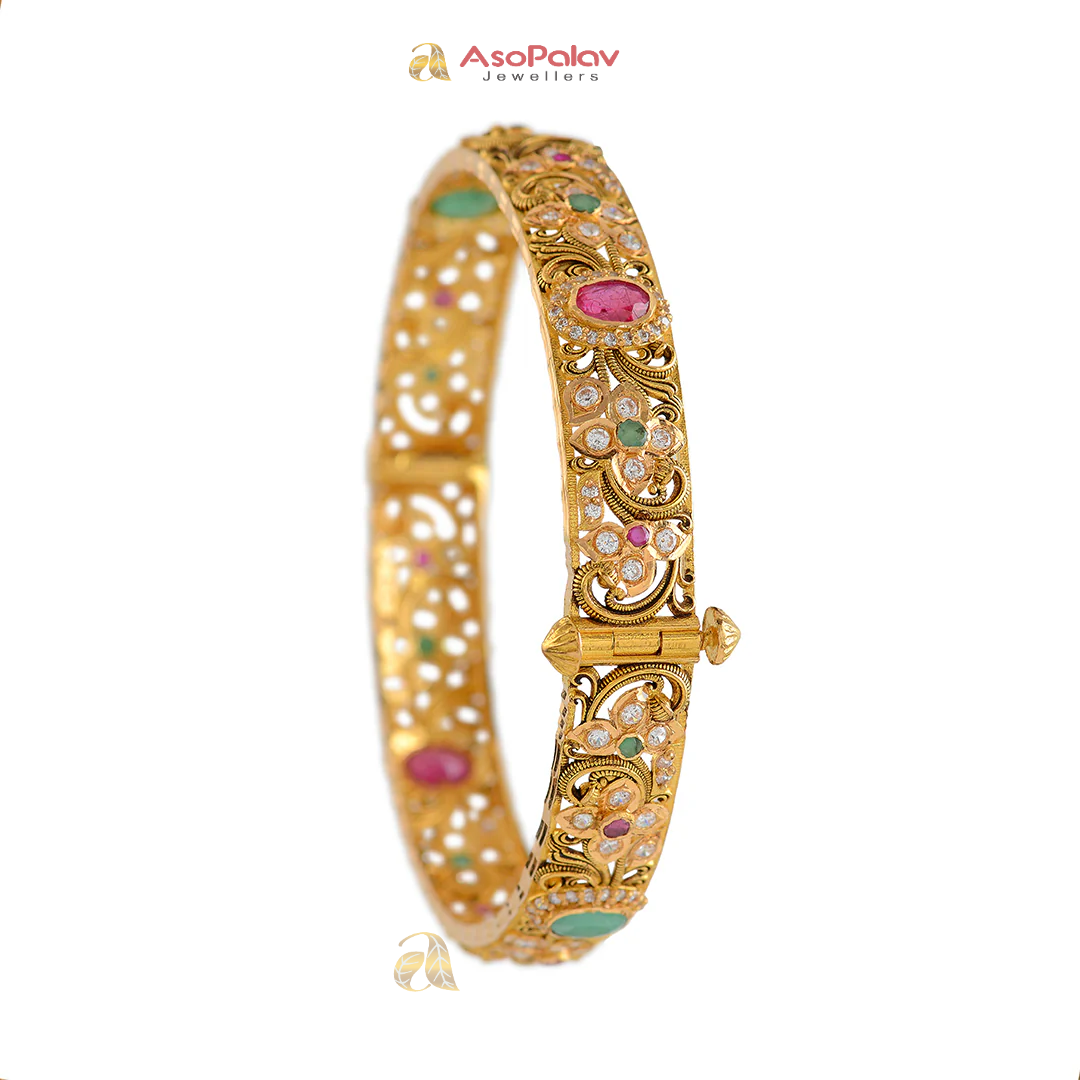 22K Ruby Floral Gold Bangles for Bridal & Festive Wear